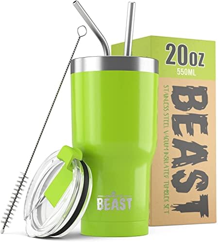 Beast Tumbler - 550 ml (20 oz), Aqua Blue | Reusable Stainless Steel, Vacuum Insulated Cup | with + 2 Straws & Cleaning Brush | Double Wall Travel Flask Perfect for Hot or Iced Coffee | BPA Free