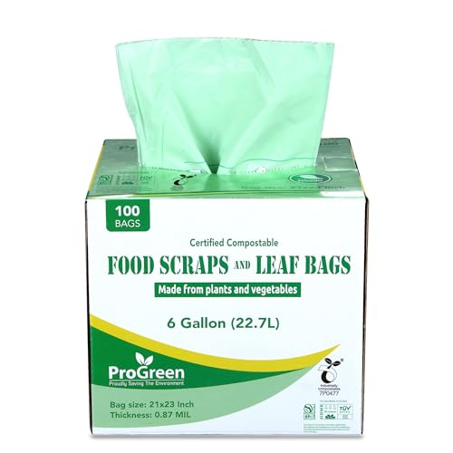 ProGreen Compostable Trash Bags, Extra Thick, Compost Kitchen Bin Bags, Food Scraps Yard Waste Bags, ASTM D6400 BPI and TÜV AUSTRIA Certified (6 Gallon, Pack of 100)