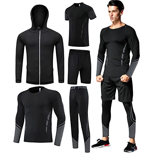 Boomcool 5Pcs Gym Clothes For Men,Workout Sets Incluir Compression Shirt Pants Hoodie Jacket For Outdoor Running In Spring, Summer, Autumn And Winter, Indoor Fitness Accessories #TOP16