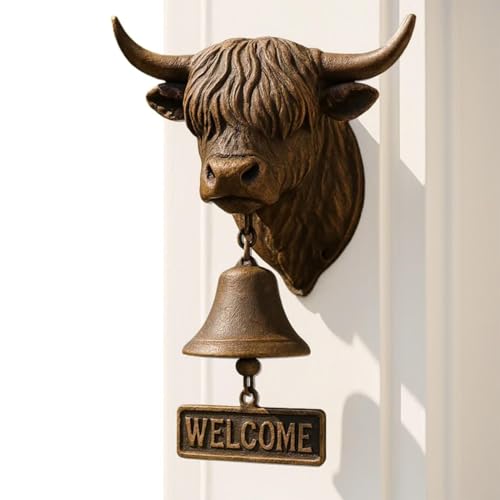 Highland-Cow Cloche de bienvenue - Sculpture 3D en résine, sonnerie murale vintage de 25 x 30 cm, carillon d'entrée suspendu de ferme, alerte de jardin...