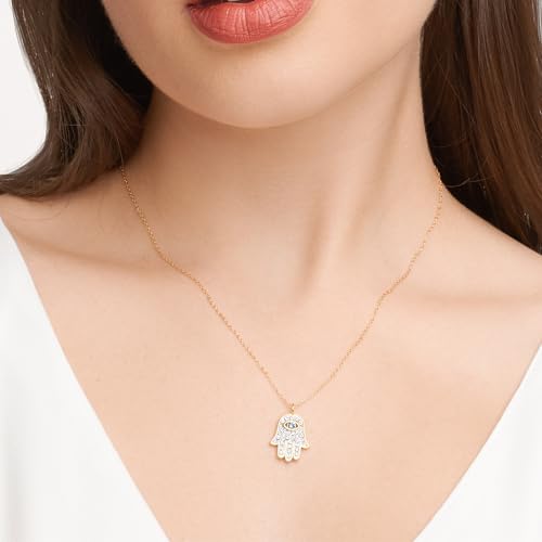 MORGAN & PAIGE .925 Sterling Silver 18K Yellow Gold Plated Crystal Blue and White Hamsa Hand of Fatima Pendant Necklaces for Women - Sparkling Crystals Adjustable 16” Rope Chain with 2” Extender2