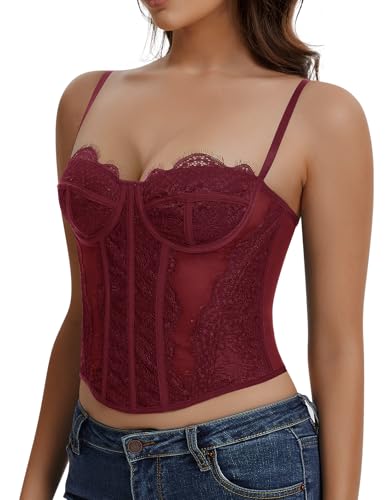 Image of Lace Corset Tops for Women Sexy Going Out Bustier Top Sleeveless Adjustable Straps Crop Tops with Back Hooks