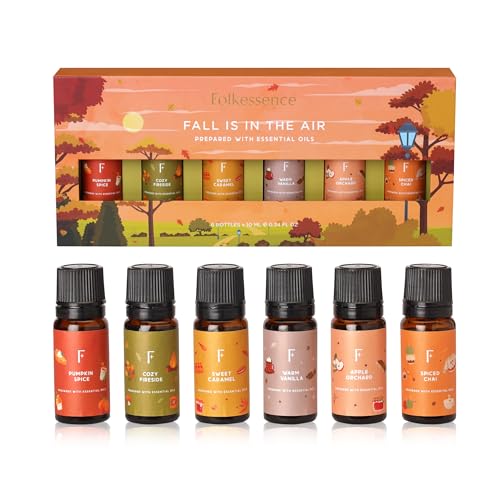 Folkulture Aceites esenciales de otoño para aceite difusor, juego de 6 aceites aromáticos, aceites difusores para el hogar, aceites aromáticos de otoño, especias de calabaza, caramelo, vainilla