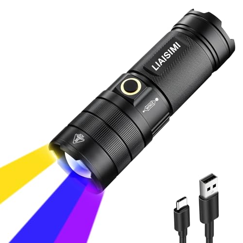 LIAISIMI Taktische Taschenlampe LED Aufladbar, 4 in 1 LED-Taschenlampe mit Weiß, Gelb, Blau, UV Licht, LCD-Leistungsanzeige, Wasserdicht,6...