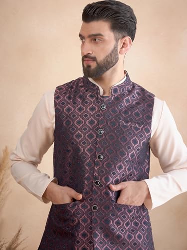 Image of Amazon Brand - Tavasya Mens Woven Design Mandarin Collar Nehru Jackets | Sleeveless Jacket | Ethnic Wear