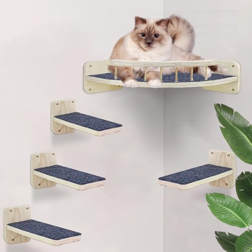 Shiawase Kletterwand für Katzen, Katzentreppe Wand und Eckbett mit Rutschfester Matte, 5-Teiliges Holz Katzenmöbel Set, Katzenleiter Balkon mit...