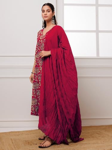 Image of GoSriKi Women's Cotton Blend Anarkali Printed Kurta with Pant & Dupatta