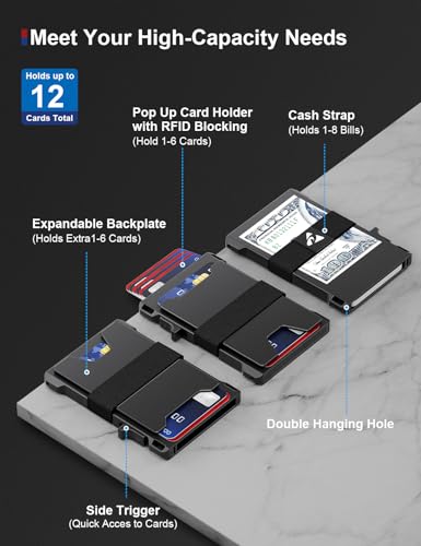 Slim Card Holder Wallet for Men, Upgrade Minimalist Metal Pop Up Wallets, Ultra-Thin Design, Smart Wallet for Men, Front Pocket RFID Blocking Wallets, Holds 12+ Cards Plus Cash (Black)3