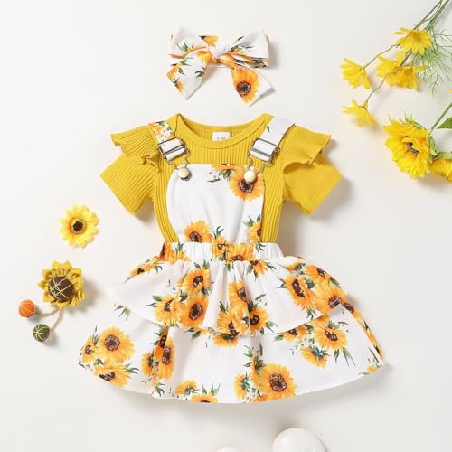 Baby Girl Clothes Cute Summer Outfits Short Sleeve Romper Adjustable Floral Overall Dress Headband 3PCS3