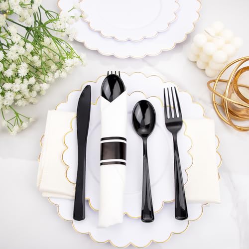image for Supernal 60 Pack Hevy Duty Rolled Black Plastic Silverware,Pre Wrapped
