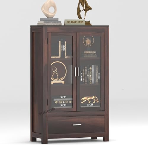 Image of SUNCOM Solid Sheesham Wood Sideboard Cabinet for Livingroom & Home Furniture - Wooden Cabinet with 2 Glass Doors & 1 Big Drawers for Storage - Designed to Display. Built to Store (Walnut Finish)