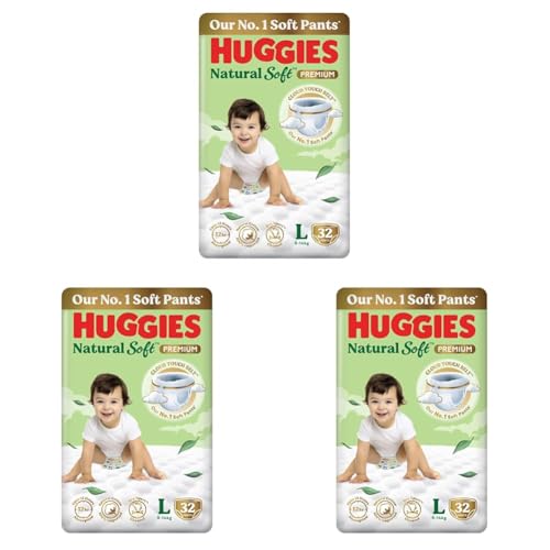Image of Huggies Natural Soft Premium Baby Diaper Pants, Our No.1 Soft Pants, Large (L) Size (9-14 Kgs), Pack of 96 diapers | Cloud Softness All over with India's 1st Cloud Touch Belt