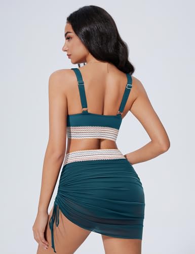SUUKSESS Womens High Waisted Bikini Sets Sexy Mesh Two Piece Tummy Control Swimsuits Color Block Bathing Suit Swim Skirt (Peacock Blue,X-Large) — view 2