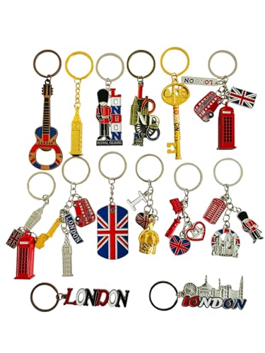 Lot de 14 porte-clés en métal avec motif Londres et drapeau du Royaume-Uni, Assortiment de couleurs, taille unique