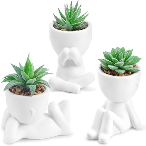 Der Rose 3 Pack White Human Pot Fake Plants with Face Decals for Desk Decor