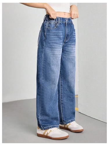 SHENHE Girl's Wide Leg Jeans Elastic Waist Casual Baggy Preppy Denim Pants Trousers2