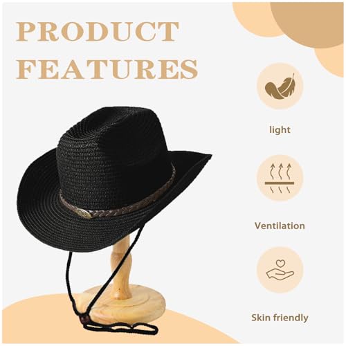 Image of Straw Cowboy Hats Western Cowgirl Hat for Holiday Woven Beach Sun Hat with Shapeable Wide Brim Cowboy Hat for Women /Men