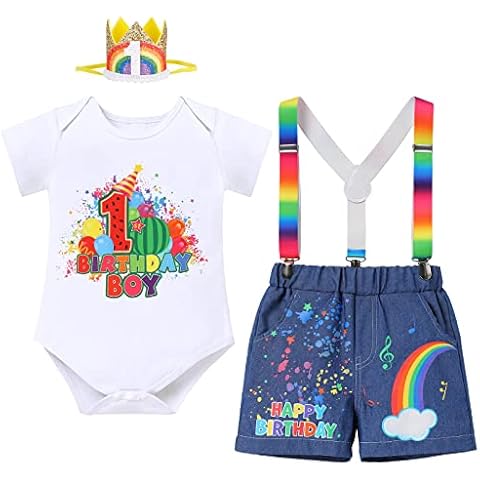 Cake Smash Outfit 1st Birthday Boy Baby Short Sleeve Romper+Rainbow Suspenders+Denim Shorts+Birthday Hat 4PCS First Cocomelon Decorations Party Clothes Newborn Photography Rainbow Melon-1st 1 Year Cover