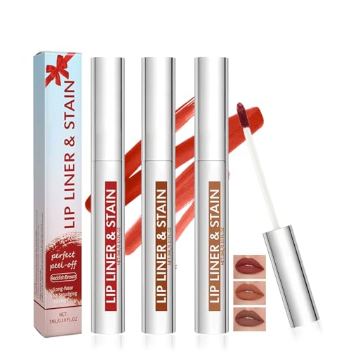 3PCS Delineador de Labios Peel Off Set,Tinte Labial de Larga Duración, Waterproof y Sin Transferencia,Perfilador Labios Alta Pigmentación para Maquillaje Natural,Color Marrón Rojizo,Café,Cacao