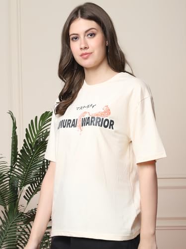 Image of Fabflee Oversized Cotton Baggy Drop Shoulder Graphic Tee with Half Sleeves | Korean Casual Loose T-Shirt for Women