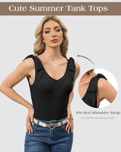 FireSwan Womens Summer Cute Tank Tops V Neck Bow Tie Shoulder Shirts Sleeveless Trendy Ribbed Knit Camisole3