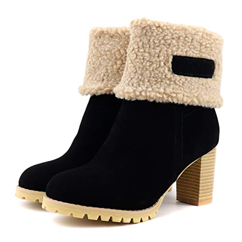 MIOKE Women's Winter Fur Ankle Boots Suede Round Toe Platform Chunky Block High Heel Warm Snow Short Booties2