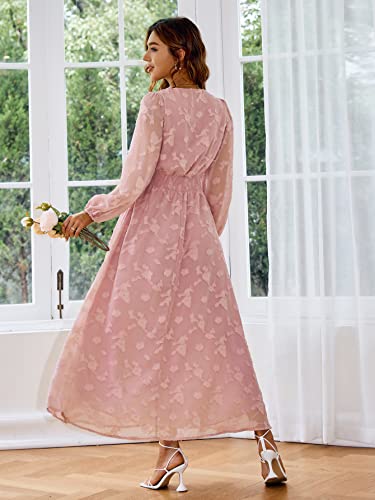 Image of Simplee Women's Long Sleeve Maxi Dress Burnout Floral V Neck Formal Dress(XL Pink)