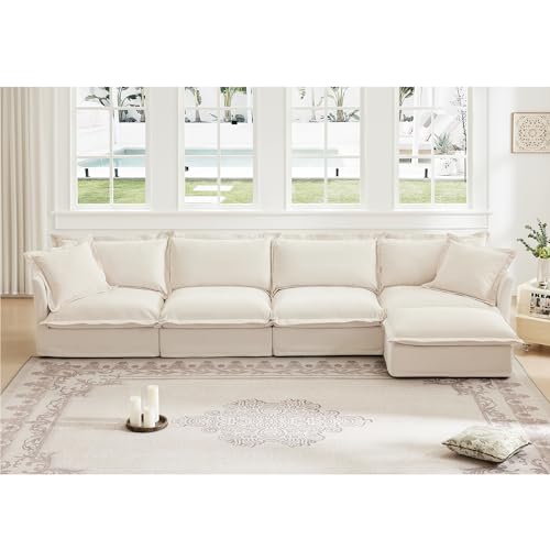 Noeko Slipcovered 4 Seater L Shape Sectional Sofa, Cream
