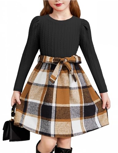 Arshiner Mädchen Kleider Puff Langarm Rippstrick Kariert Patchwork Kleid...
