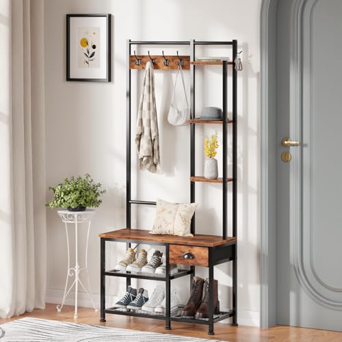 image for Furologee Coat Rack, Hall Tree with Bench and Shoe Storage, 4 in 1 Ent