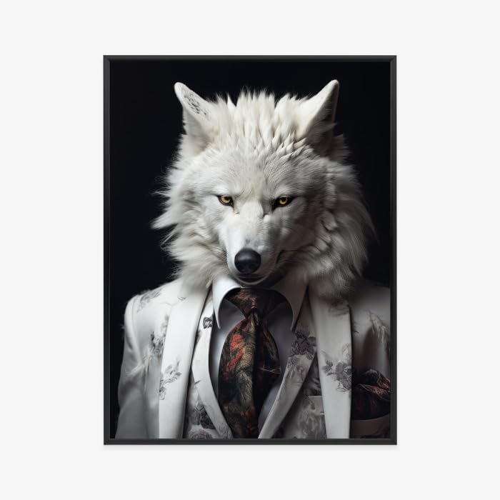 Poster Loup blanc Wallero 50x70 cm avec cadre en aluminium noir pour décoration salon