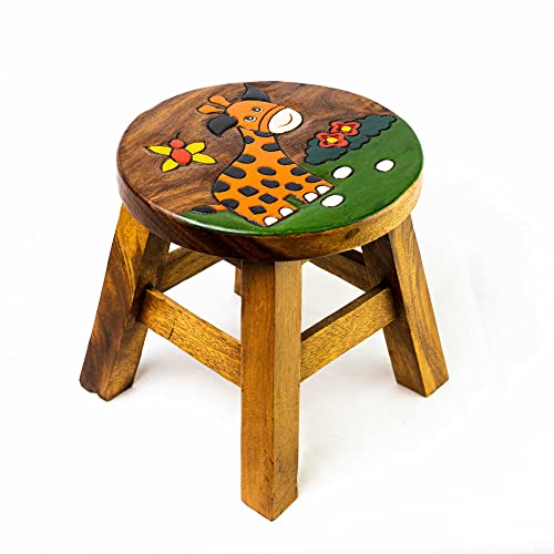 Agas Own Tritthocker für Kinder -runder Kinderhocker - Pflanzenständer für den Innenbereich -Melkhocker - Heimdekoration, Holztritt,Massivholzhocker bemalt und geschnitzt mit Tiermotiv(Safari Giraffe) Cover