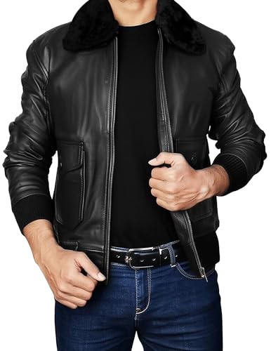 Mens G1 Aviator Pilot Removable Fur Collar Bomber Leather Jacket Black/Brown-Real/Faux3