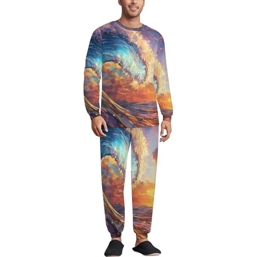 Ocean Wave Men’s Pajama Set Long Sleeve Top And Pants Loungewear Sleepwear Pjs Nightwear