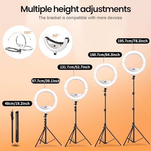 18" Foldable Ring Light with Stand for iPhone ipad, LED Display/2 USB Ports/4 Phone Tablet Holders, 2700-6500K Dimmable Ring Light for Tattoo Barber Makeup Studio Video Recording Photography