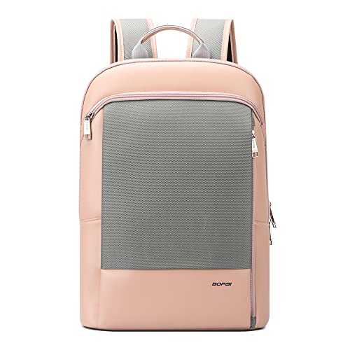 BOPAI Mochilas Portatil para Mujer Mochila para portátil 15 pulgadas Impermeable Mochila Mujeres Ligera Súper Delgada de Mochila Antirrobo Ultraligera Mochila de Daypacks Negocios, Gris y Rosa
