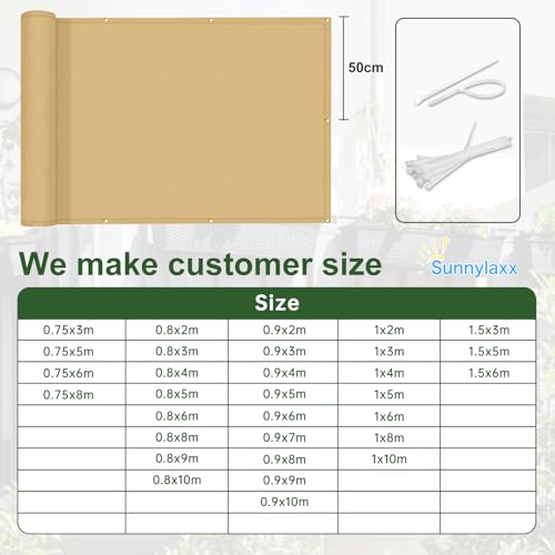 Image of Sunnylaxx Balcony Privacy Screen for Protection 90 x 200 cm, Privacy Screen, Fence for Balcony Balcony PES for Balcony Garden Terrace, with Eyelets and Strap, Sand
