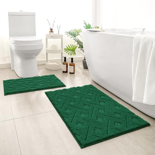 HOMEIDEAS Dark Green Bathroom Rug Set 2 Piece, Soft Microfiber Tufted Bath Mats, Super Absorbent Non Slip, Machine Washable Bathroom Rugs for Tub, Shower and Floor, 20" x 32" Plus 16" x 24"