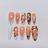 10Pcs Fall Winter Handmade Press on Nails Almond Long Fake Nails French Tip False Nails with 3D Line Rhinestone Design Handmade Acrylic Nails Press ons Full Cover Reusable Stick on Nail for Women