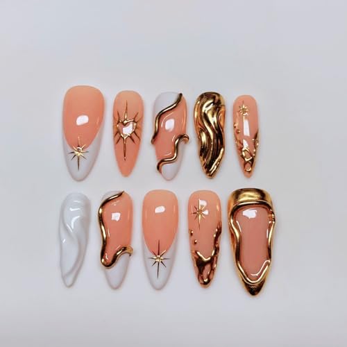 10Pcs Fall Winter Handmade Press on Nails Almond Long Fake Nails French Tip False Nails with 3D Line Rhinestone Design Handmade Acrylic Nails Press ons Full Cover Reusable Stick on Nail for Women