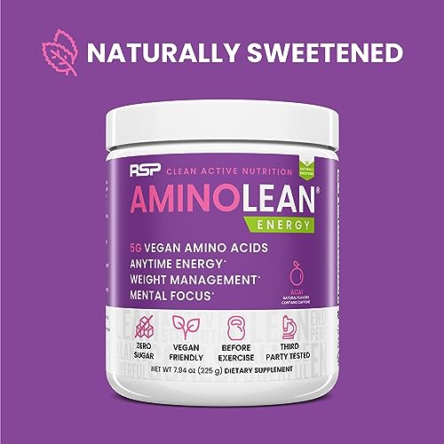 RSP NUTRITION AminoLean Natural Pre-Workout Powder, Acai, Vegan BCAAs, 25 Servings