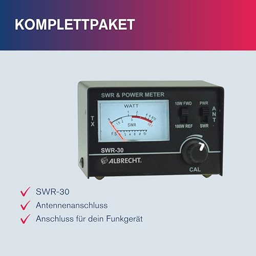 Albrecht SWR-30, PWR Power-Meter, Stehwellen- und Leistungs-Messgerät zum Abstimmen von Funk-Antennen, 1,8 - 200 MHz, kompakt, schwarz, 1 Stück