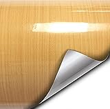 VVIVID High Gloss Golden Pine Wood Grain Faux Finish Textured Vinyl Wrap Roll Sheet Film for Home Office Furniture DIY No Mess Easy to Install Air-release Adhesive (1ft x 48 Inch)