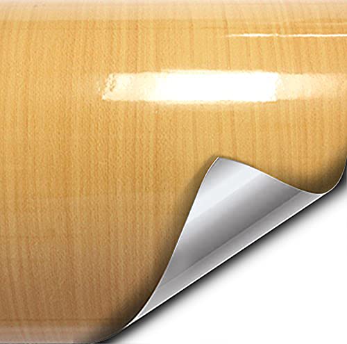 VVIVID High Gloss Golden Pine Wood Grain Faux Finish Textured Vinyl Wrap Roll Sheet Film for Home Office Furniture DIY No Mess Easy to Install Air-Release Adhesive (1ft x 48 Inch)