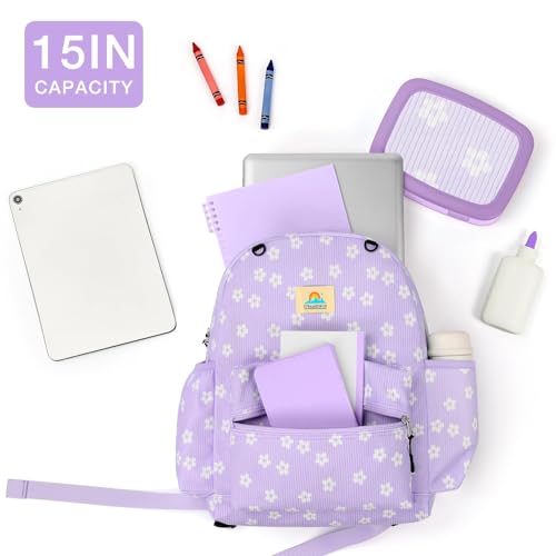 Image of STEAMEDBUN Corduroy Kids Backpack for Girls and Boys 5-8: Girls Backpack for Elementary Kindergarten - 15 inch Cute Backpacks for Kids - Floral