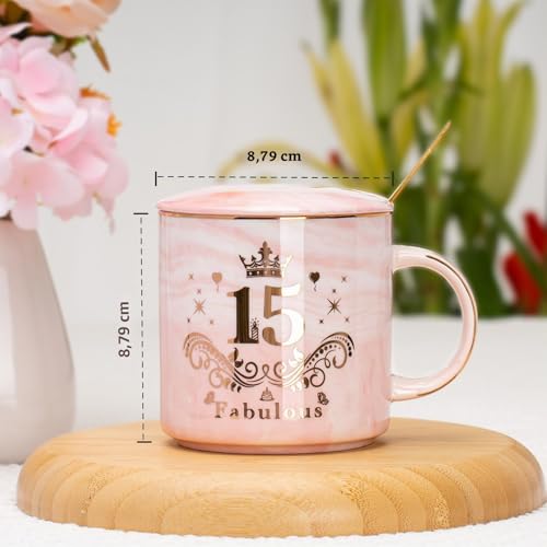 Miniatura 2 de Wxytxhyq Regalos Para Chicas De 15 Años, 400ml Taza De Cerámica Rosa Regalos Jovenes 15 Años, 15 Cumpleaños Regalo Taza Original Con Tapa, Cuchara Y Caja De Regalo Para Amigas, Hija, Hermanas