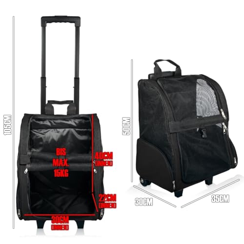 2IN1 Transporttasche mit Rollen bis 15kg Rucksack Trolley Hund Katze Hunderucksack Tasche (Schwarz)