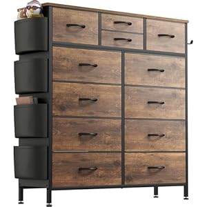 Buluri Chest of Drawers Bedroom, 12 Fabric Drawers Dresser with Side Pockets and Hooks, Wooden Top and Metal Frame, Tall Drawers for Closet, Living room, Kids Room (Rustic Brown)