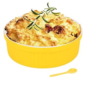 Souffle Dish Ramekins for Baking – 64 Oz, 2 Quart Large Ceramic Oven Safe Round Fluted Bowl with Mini Condiment Spoon for Soufflé Pot Pie Casserole Pasta Roasted Vegetables Baked Desserts (Yellow Set)