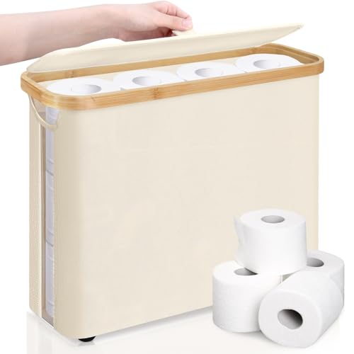 Mittimiya Cesta de Almacenamiento de Papel Higiénico, con Ventana Transparente y Asa, Almacenaje para 12 Rollos, Material: Bambú y Tela Impermeable